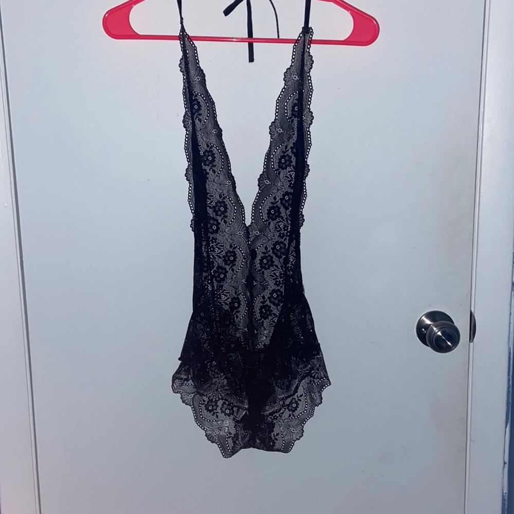 Halter tie black lacy body suit